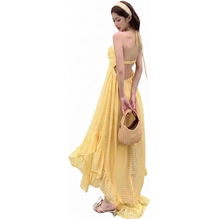 マキシワンピース レディース サマードレス 背中あき ホルターネック A