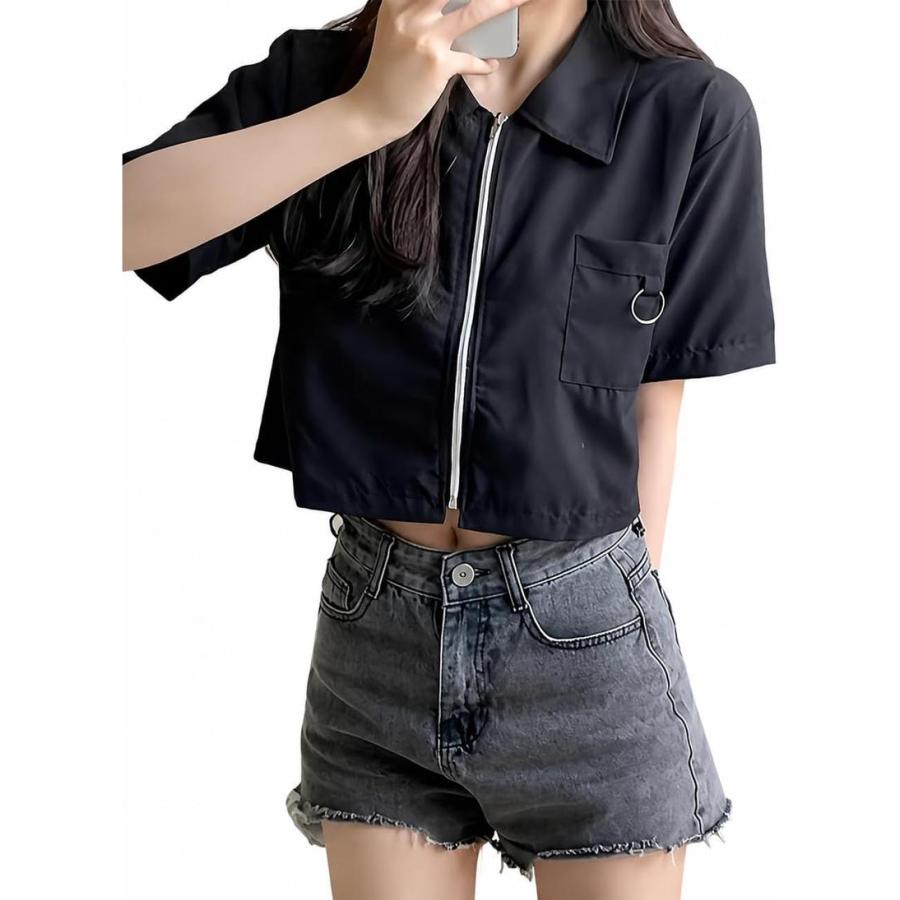 シャツ レディース 半袖 ジップアップ ショート丈 クロップド トップス 