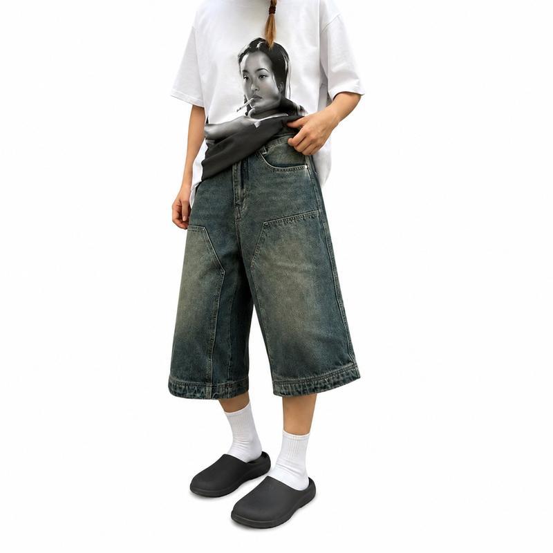 デニムハーフパンツ ワイド バギーショーツ 7分丈 クロップドパンツ
