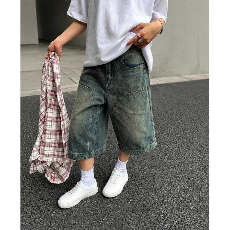デニムハーフパンツ ワイド バギーショーツ 7分丈 クロップドパンツ