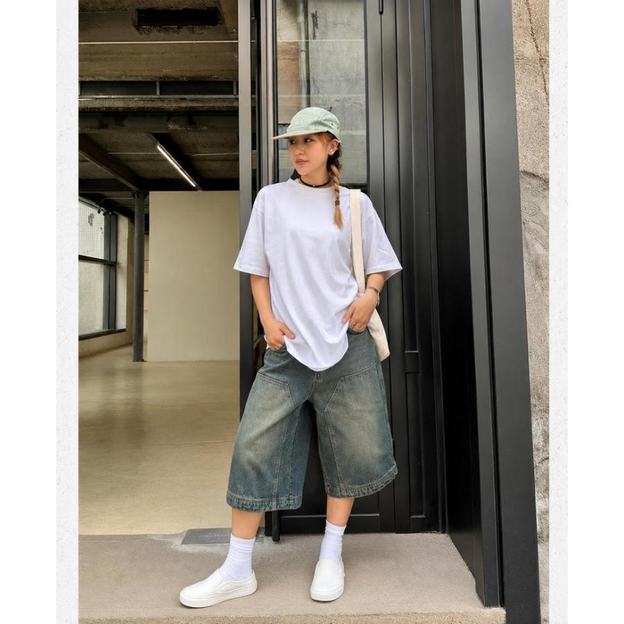 デニムハーフパンツ ワイド バギーショーツ 7分丈 クロップドパンツ