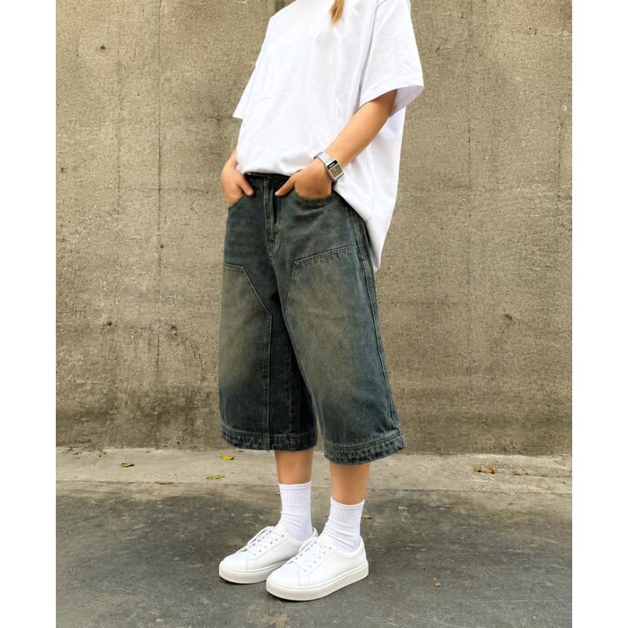 デニムハーフパンツ ワイド バギーショーツ 7分丈 クロップドパンツ