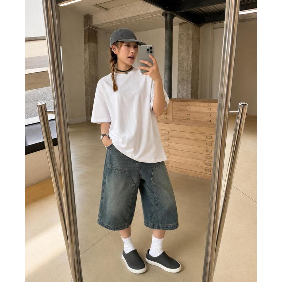 デニムハーフパンツ ワイド バギーショーツ 7分丈 クロップドパンツ