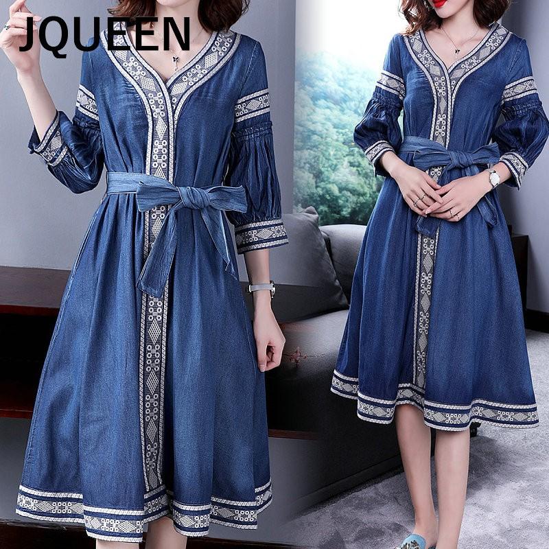 デニム ワンピース 刺繍 ロングワンピース 春秋 通勤 韓国スタイル 七分袖 Aライン ロング 無地 オシャレ お呼ばれ 結婚式 二次会 Blusquare Org