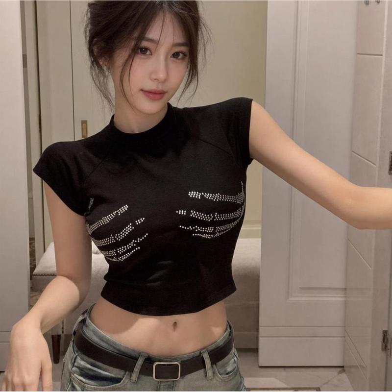 へそ出し Tシャツ レディース ショート丈 半袖 タイト クロップド