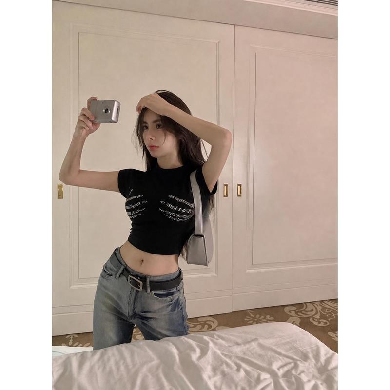 へそ出し Tシャツ レディース ショート丈 半袖 タイト クロップド