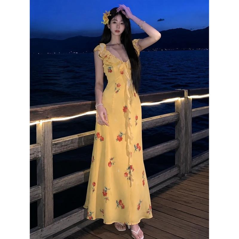 マキシワンピース レディース 夏 花柄 ロングワンピース Vネック