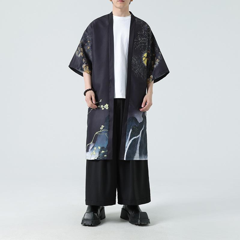 羽織 メンズ 着物カーディガン 和風 七分袖 和柄 水墨画風 ロング