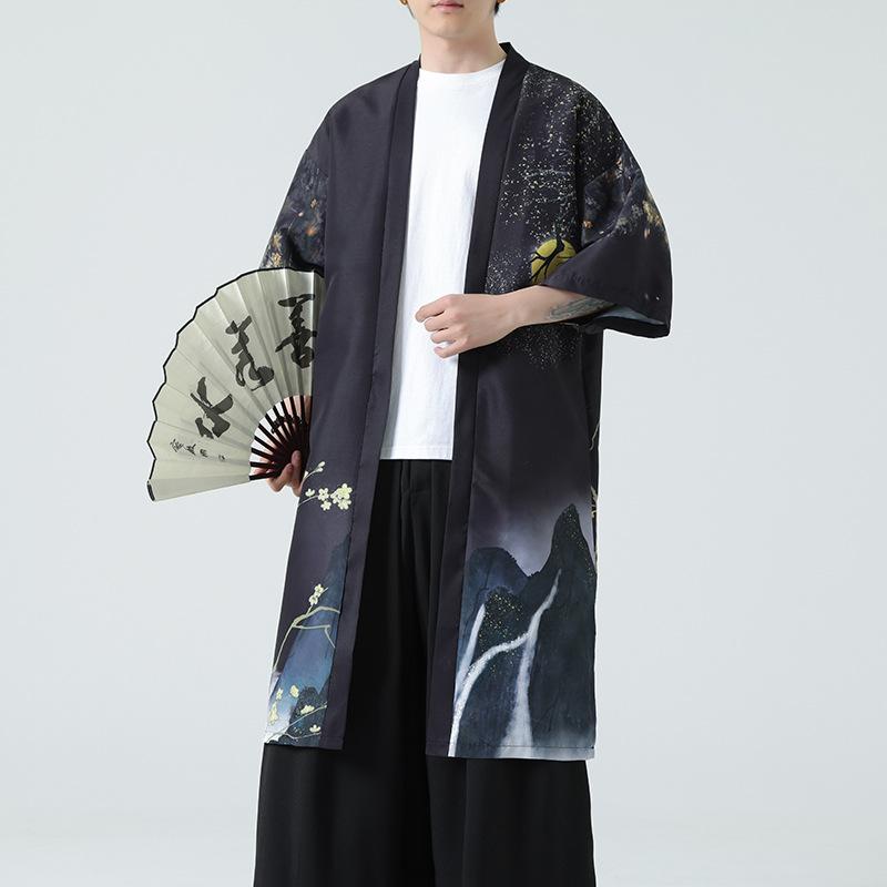 羽織 メンズ 着物カーディガン 和風 七分袖 和柄 水墨画風 ロング