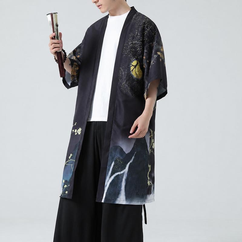 羽織 メンズ 着物カーディガン 和風 七分袖 和柄 水墨画風 ロング