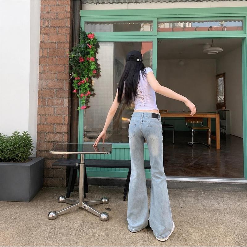 デニムパンツ レディース ローライズ ベルボトム ジーンズ レース付き