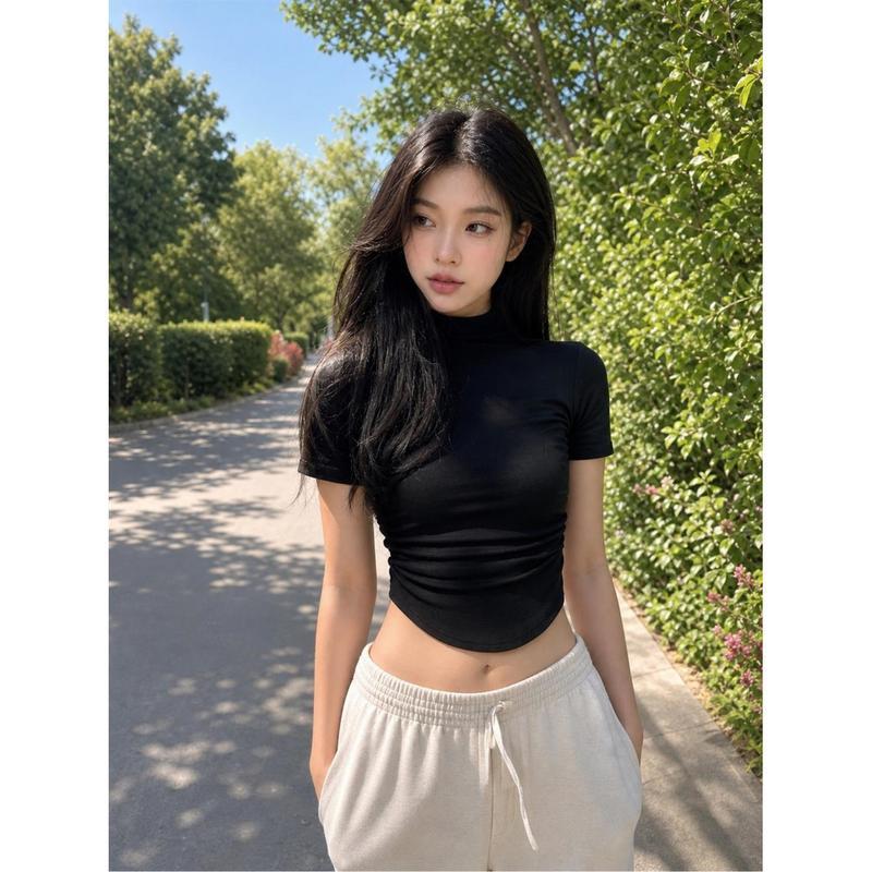IHATEEIGHT ワンコログラフィック ハイネック 半袖トップス tシャツ レディース 半袖 クロップド丈 ハイネック タイト トップス