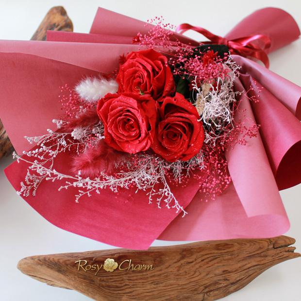 大輪のバラ 3本 ドライフラワーの花束 プロポーズ 結婚 記念日 誕生日