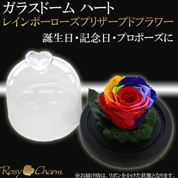 ガラスドーム ハート レインボーローズ プリザーブドフラワー バラ