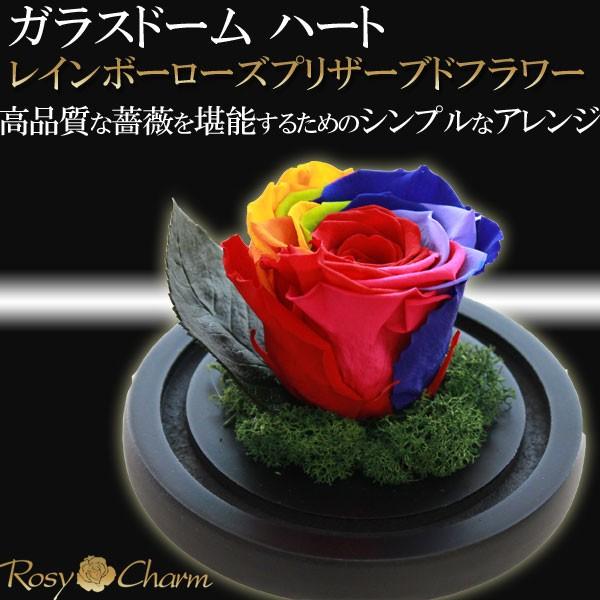 ガラスドーム ハート レインボーローズ プリザーブドフラワー バラ