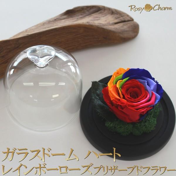 ガラスドーム ハート レインボーローズ プリザーブドフラワー バラ