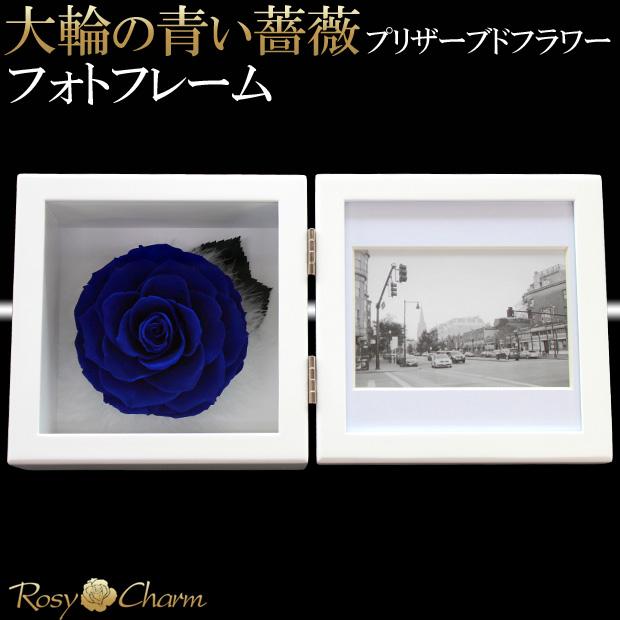 プリザーブドフラワー フォトフレーム 大輪 青いバラ 一輪 写真立て