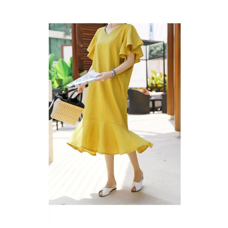 袖フリルデザイン裾フレアカットソー ロングワンピース レディース ワンピース マキシワンピ 秋 夏 マキシ 半袖 ロングワンピース フリル袖 イエロー 送料無料 19070145 Roteeo レディースファッション 通販 Yahoo ショッピング