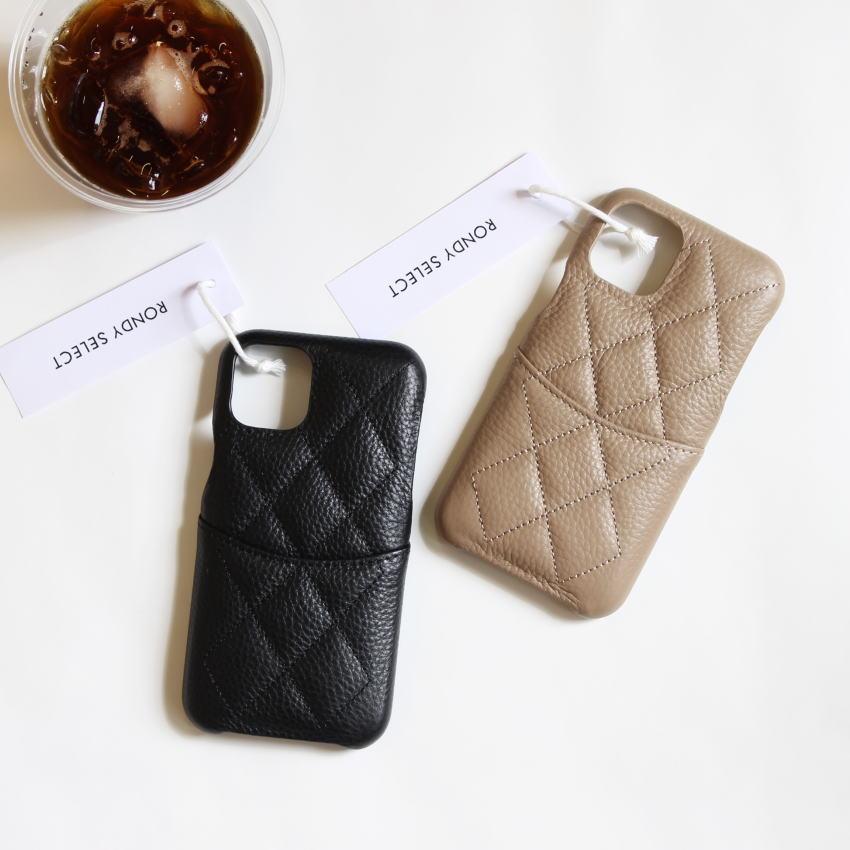 iPhoneケース 背面収納 本革 レディース カード入れ キルティング