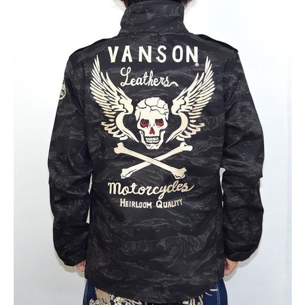 バンソン VANSON NVSL-611 M-65シャツ 長袖シャツ フライングスカル ミリタリー カモ 刺繍 ブラックカモ色｜roughriders