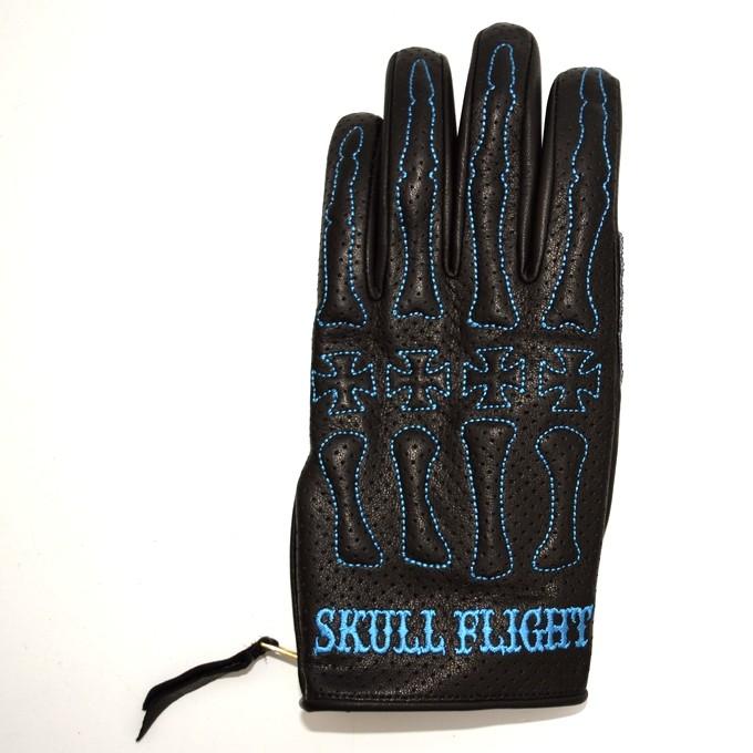 SKULL FLIGHT スカルフライト パンチングメッシュ オールレザーグローブ ブラック×ブルー BONE GLOVE ボーングローブ_1