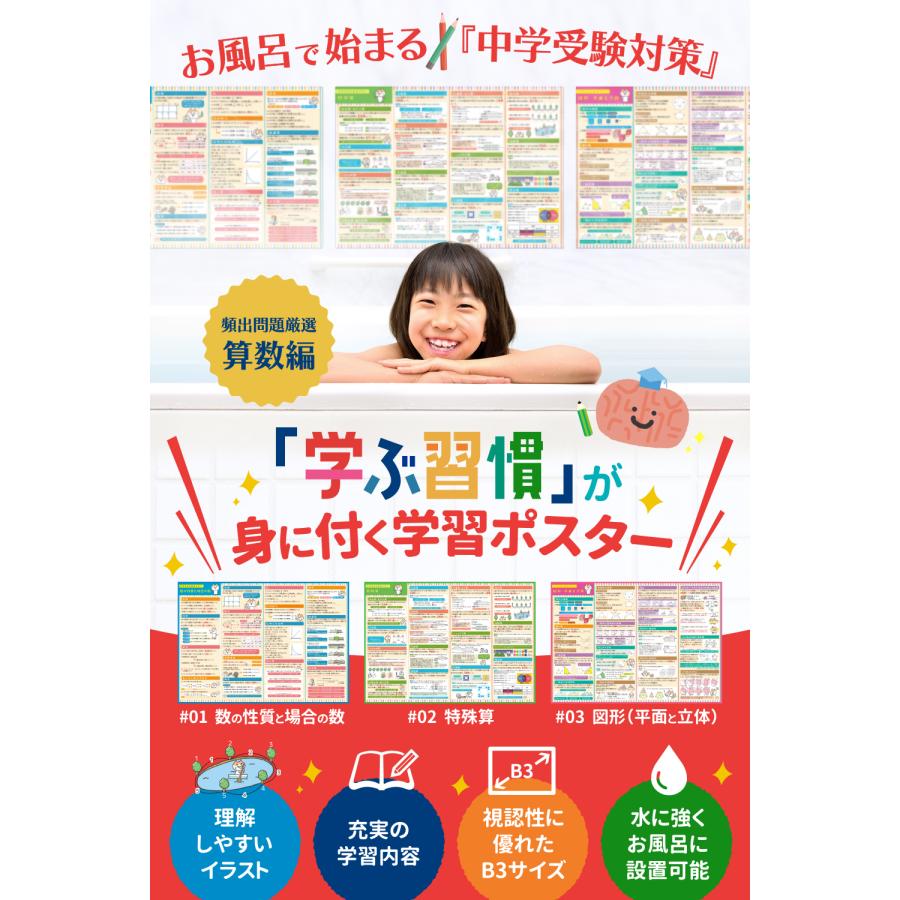 算数セット 中学受験 お風呂ポスター 小学生 【学ぶ習慣が身に付く！シリーズ】 ルーティン博士の学習塾（３枚セット） |  | 02