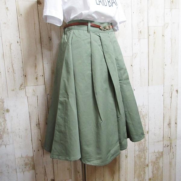 ひざ丈スカート ベルト付きスカート フレアスカート Aライン カジュアルスカート フリーツスカート モスグリーン ベルト付 Mサイズ 送料無料 |  | 02