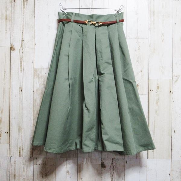 ひざ丈スカート ベルト付きスカート フレアスカート Aライン カジュアルスカート フリーツスカート モスグリーン ベルト付 Mサイズ 送料無料 |  | 05
