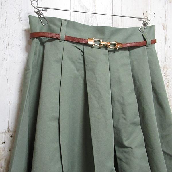 ひざ丈スカート ベルト付きスカート フレアスカート Aライン カジュアルスカート フリーツスカート モスグリーン ベルト付 Mサイズ 送料無料 |  | 06