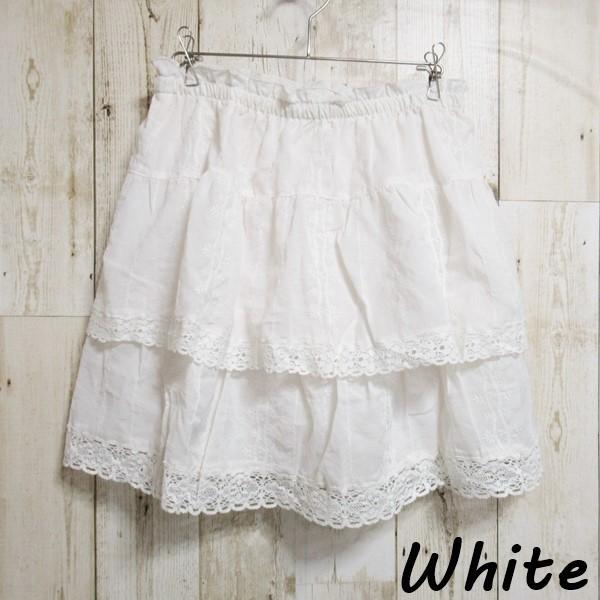 レース 刺繍 ティアード スカート ホワイト ブラック レディース ボトムス ティアードスカート ウエストゴム 送料無料 |  | 01