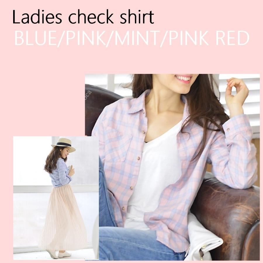 淡いカラーのネルシャツ チェックシャツ レディースチェック柄シャツ ピンク ブルー ミント レッド｜rovel