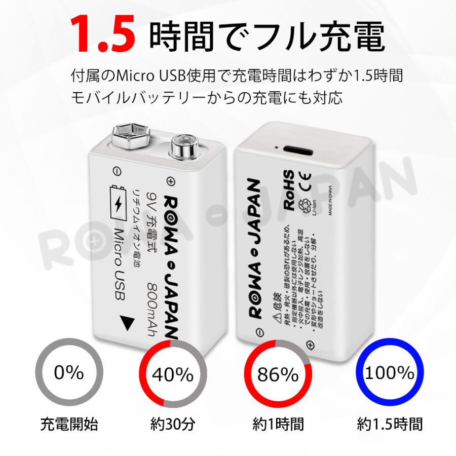 経済型 USB充電式 2個セット 9V 電池 充電池 006P型 6F22 リチウムイオン 角形 電池 USBケーブル 電池ケース付き 9V形 6P型 ロワジャパン｜rowa｜04
