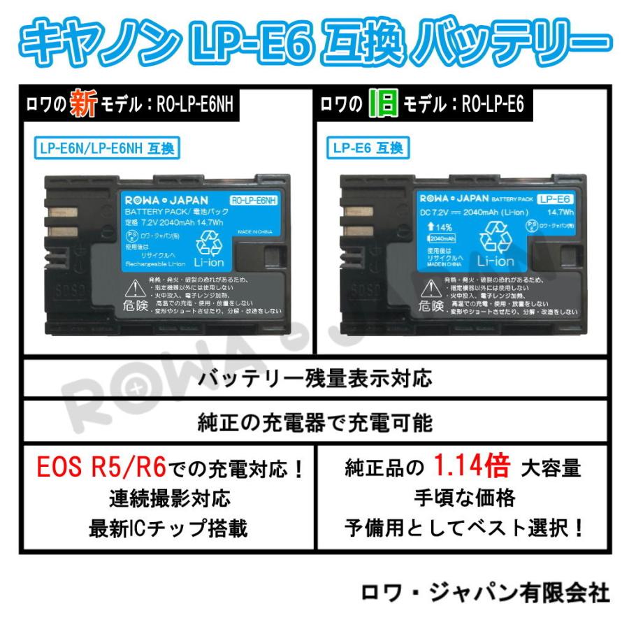 2個同時充電 キヤノン対応 LP-E6NH 大容量 互換 バッテリー 2個 と LC-E6 互換 USB充電器 セット Canon対応 EOS R5 R6 対応 ロワジャパン｜rowa｜02