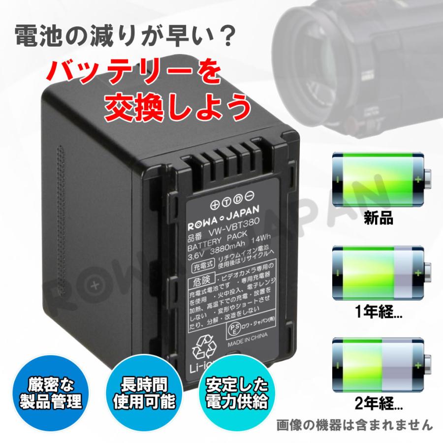 Panasonic対応 パナソニック対応 VW-VBT380-K 互換 バッテリー 2個 + VW-BC10-K 互換 USB充電器 ロワジャパン｜rowa｜02