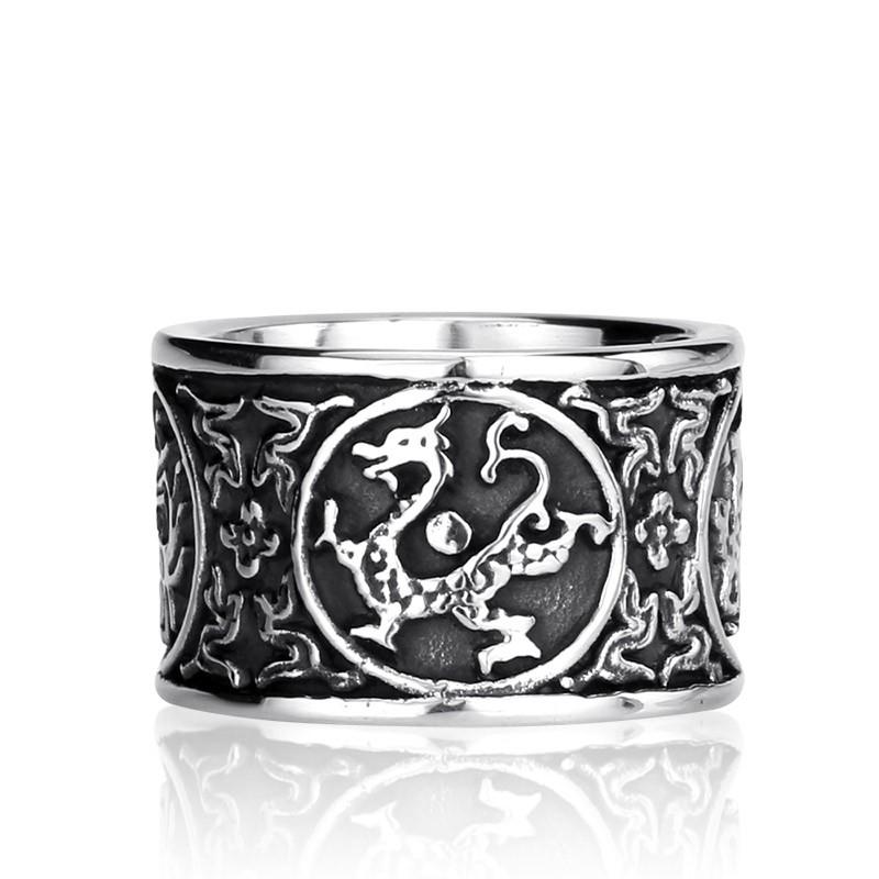 リング 指輪 メンズ ステンレス サージカルステンレス 中華風 ドラゴン 龍 幅広 ユニセックス ペア プレゼント シルバー チャイニーズドラゴン | 