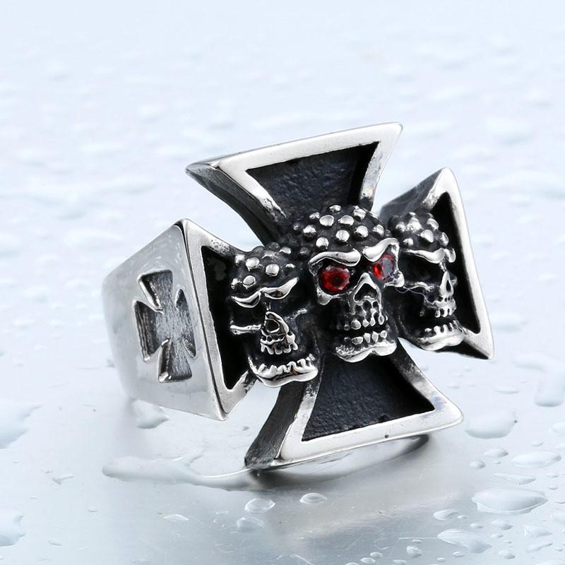 リング 指輪 メンズ ステンレス スリースカルクロスリング サージカルステンレス 三つ頭 ストーン スカル 髑髏 十字架 クロス ユニーク ユニセックス ペア |  | 02