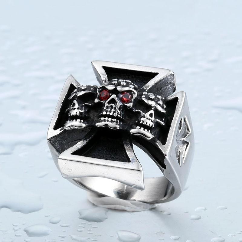 リング 指輪 メンズ ステンレス スリースカルクロスリング サージカルステンレス 三つ頭 ストーン スカル 髑髏 十字架 クロス ユニーク ユニセックス ペア |  | 04