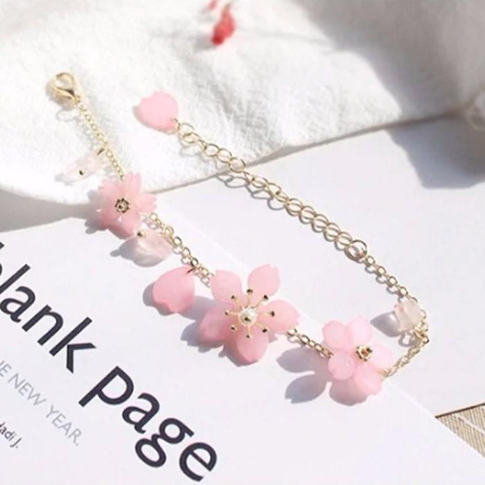桜 ブレスレット ローズクォーツ バングル 花 フラワー チェーン