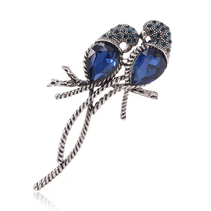 ブローチ ストーン 鳥 インコ オウム シルバー プレゼント 可愛い スチームパンク パーティ ラインストーン ブルーバード ペア ピンズ 青い鳥 ギフト | 