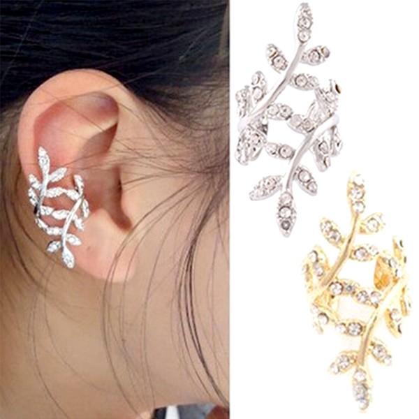 イヤーカフ イヤリング イヤークリップ リーフ 葉 植物 花 ラインストーン キラキラ シルバー ゴールド ノンホール ピアス穴不要 金属アレルギー対応 レディース | 
