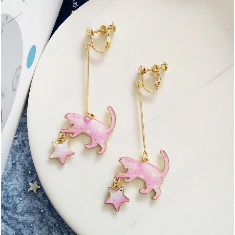 イヤリング 猫 ネコ ねこ ポップ 可愛い 星 スター レディース アクセサリー キュート ピンク ブルー チェーン おすすめ ゴージャス 揺れる 子猫 ノンホール |  | 04