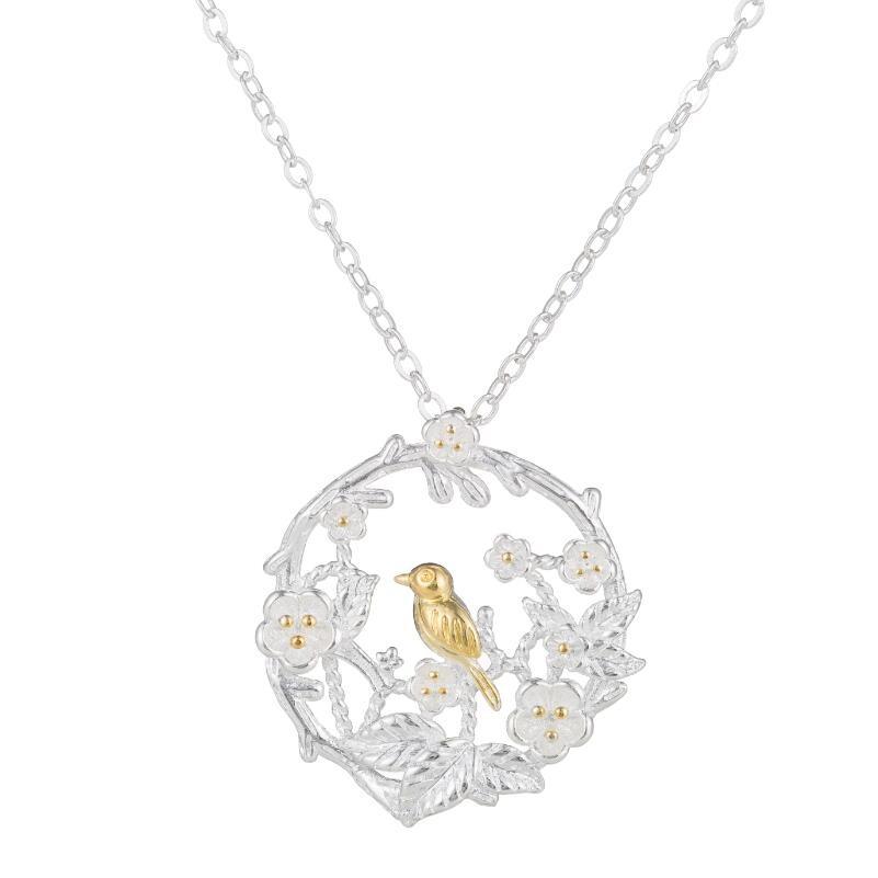 鳥 ネックレス ペンダント 花 フラワー リース バード 小鳥 インコ ガーリー チョーカー チェーン エレガント ファッション レディース パーティ ヴィンテージ | 