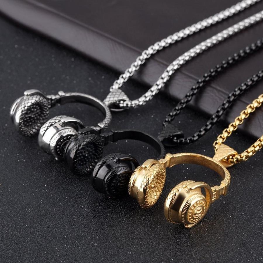ブラック 黒 チェーン ロング ネックレス ヘッドホン ペンダント ネックレス ヘッドフォン スタイリッシュ メンズ ヒップホップ