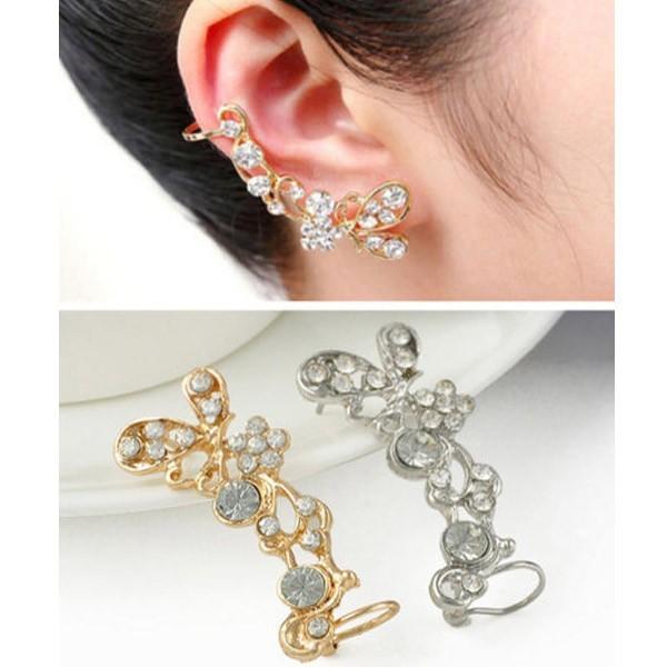 ピアス キラキラ 花 花びら 植物 フラワー カフピアス イヤーラップ ストーン ラインストーン レディース パーティ 派手 蝶々 バタフライ 蝶 アクセ | 
