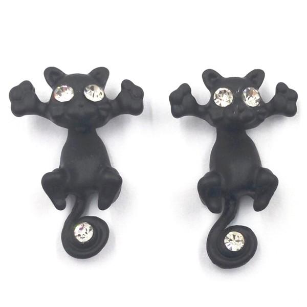ネコ ピアス 猫 ねこ クリスタル 黒猫 ブラック レッド ホワイト