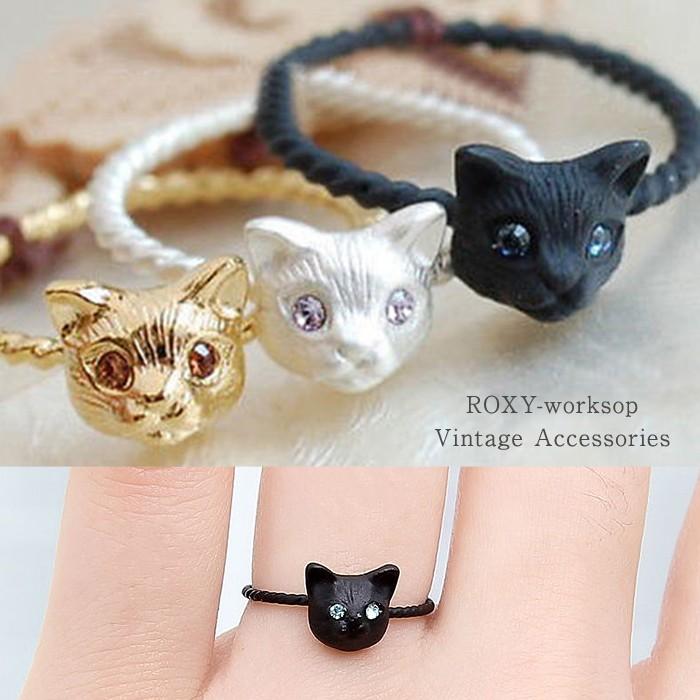 リング 指輪 猫 ネコ キャット キュービックジルコニア CZ クリスタル ブラック シルバー ゴールド ギフト プレゼント 誕生日 ガーリー ハロウィン アクセ | 