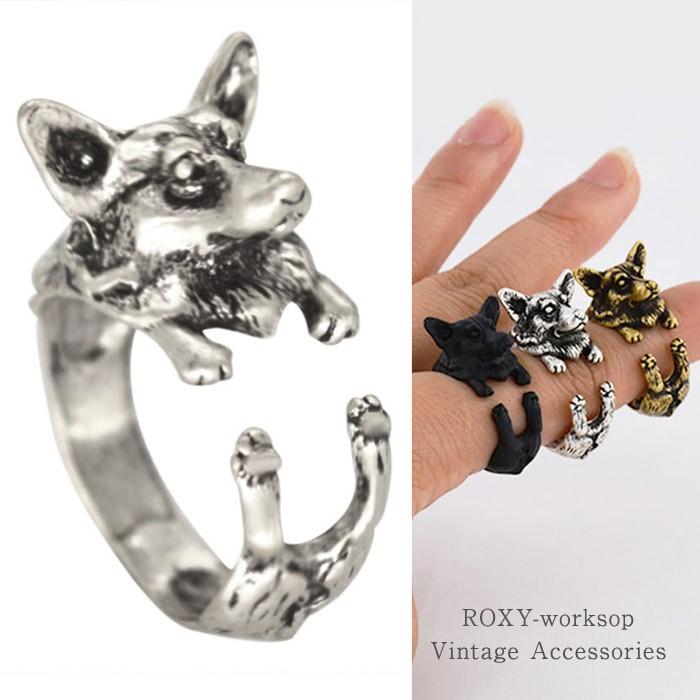 リング 指輪 コーギー ガーリー ヴィンテージ ゆびわ フリーサイズ アクセサリー 可愛い イヌ 犬 いぬ フリーサイズ アクセサリー レディース ギフト | 