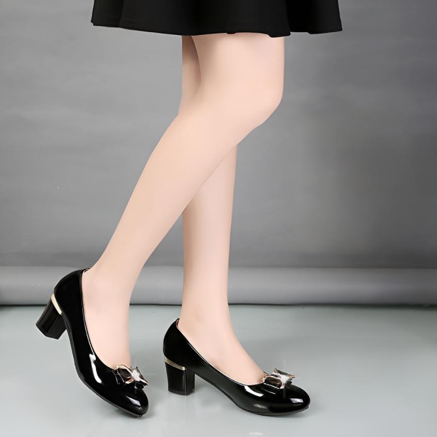 パンプス レディース エナメル リボン ビジュー チャンキーヒール 5.5cm 太ヒール 通勤 オフィス 黒 ベージュ きれいめ 上品 |  | 06