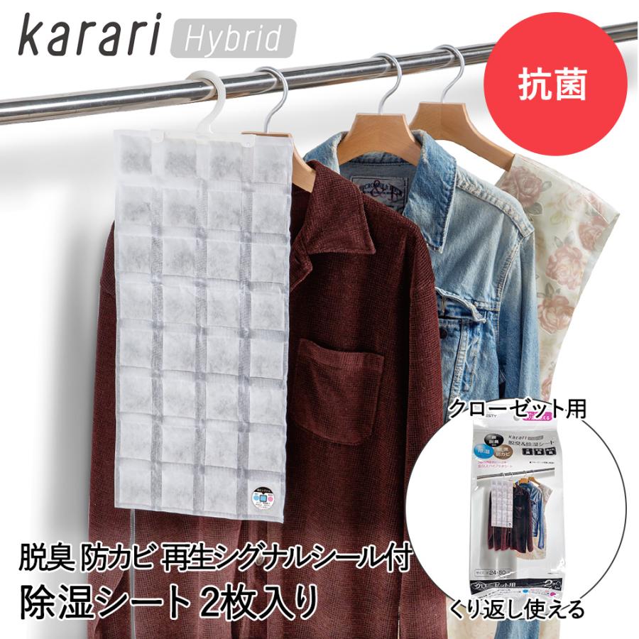 脱臭 & 除湿 シート フック付 クローゼット 用 2枚入 karari ハイブリッド HO2143 アネスティ | 除湿シート 脱臭シート 衣類 衣類用 衣類収納 ハ | 