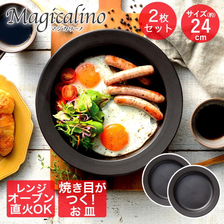 耐熱の器　陶器製 丸型取っ手付き ［新品·未使用] 直火·レンジ·オーブンOK マジカリーノ レンジ で発熱する 皿 24cm 2枚 セット RE-7267 | 直火